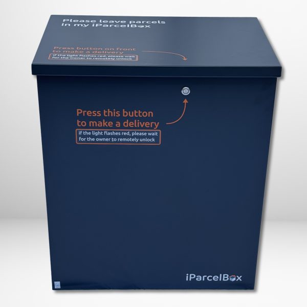 iParcelBox is a smart parcel safe place, showing a button on the front to request a parcel delivery