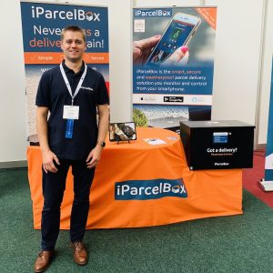 Paul Needler at the Post & Parcel Expo 2019 with the iParcelBox stand, announcing the formal launch of our smart parcel delivery box to the market.