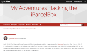 Screenshot of the blog published by McAfee's Advanced Threat Research team on how they attempted to hack the iParcelBox smart parcel delivery box technology.