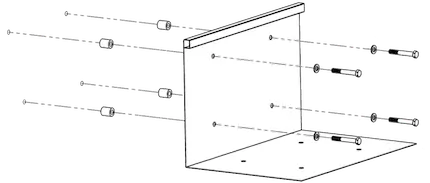 Diagram showing 4 fixings attaching iParcelBox to a wall, together with washers and spacers to hold the iParcelBox away from the wall to allow the lid to open. 
