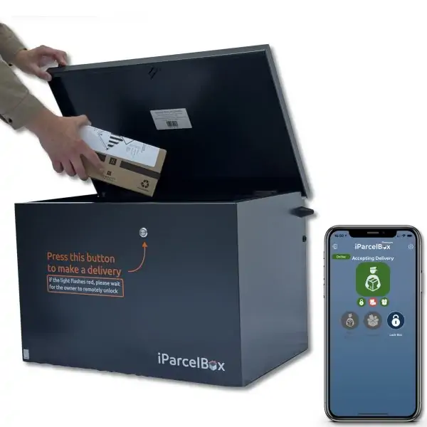 iParcelBox large parcel delivery box is the award-winning smart parcel drop box that you monitor and control with your smartphone